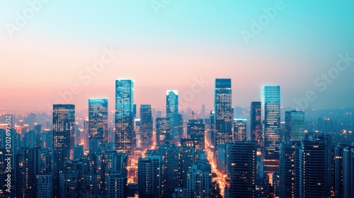 A stunning city skyline at dusk, showcasing skyscrapers illuminated against a gradient of blue and orange hues.