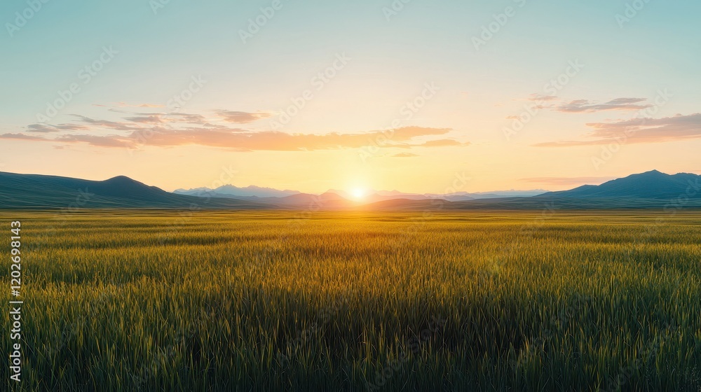 A serene landscape at sunrise, featuring golden fields and distant mountains under a clear sky, evoking tranquility and natural beauty. A serene landscape at sunrise, featuring golden fields and distant mountains under a clear sky, evoking tranquility and natural beauty.