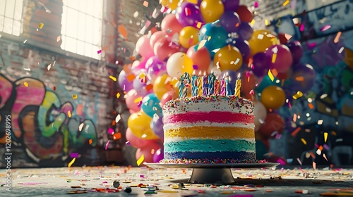 Rainbow cake with candles & balloons in urban setting. photo