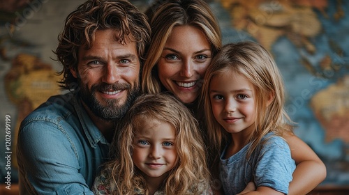 A joyful family portrait with two children, smiling together against a world map backdrop.