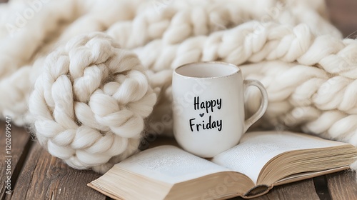 Cozy Friday: Happy vibes with a warm mug, chunky knit blanket, and a book