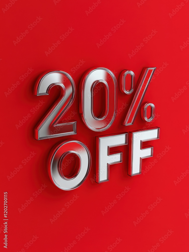 3D text 20% OFF metal on red background 3D text 20% OFF metal on red background
