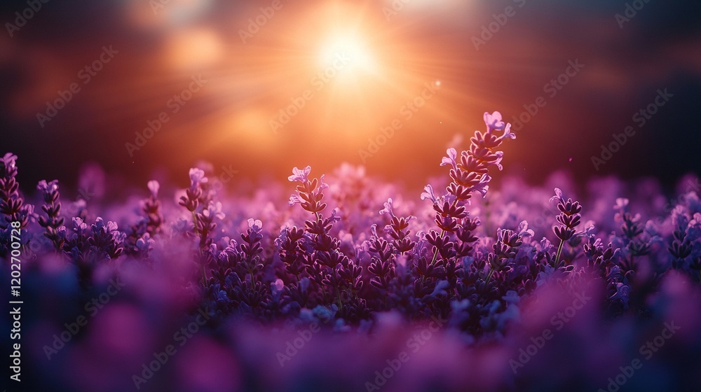 Naklejka premium A serene field of lavender flowers illuminated by a warm sunset glow, creating a tranquil atmosphere.