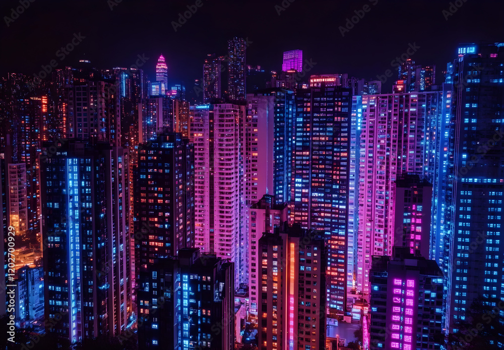 Night cityscape from the roof of a skyscraper, reflections on glass surfaces, cyberpunk style, neon lights, high-resolution photography, high quality. 