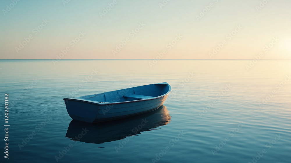 serene blue boat floats on calm waters at sunset, creating peaceful scene.