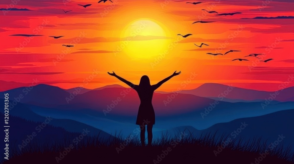 Silhouette of a woman with arms outstretched, enjoying vibrant sunset over majestic mountains and flying birds. Ideal for themes of freedom, peace, and spiritual awakening. Silhouette of a woman with arms outstretched, enjoying vibrant sunset over majestic mountains and flying birds. Ideal for themes of freedom, peace, and spiritual awakening.