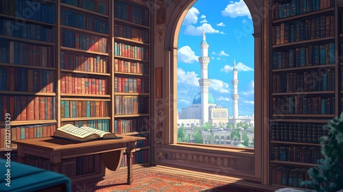 cartoon of an Islamic scholar’s study room, with bookshelves filled with ancient texts, for banner backgrounds, greeting cards and other designs photo