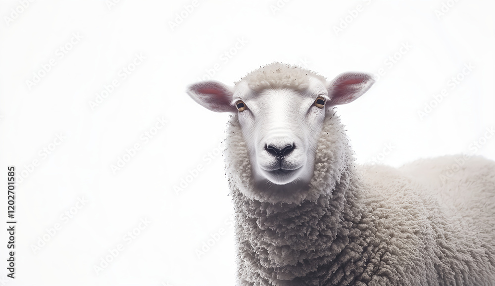 Portrait of an isolated sheep looking at the camera over a white background, close-up, high-resolution photography. Portrait of an isolated sheep looking at the camera over a white background, close-up, high-resolution photography.