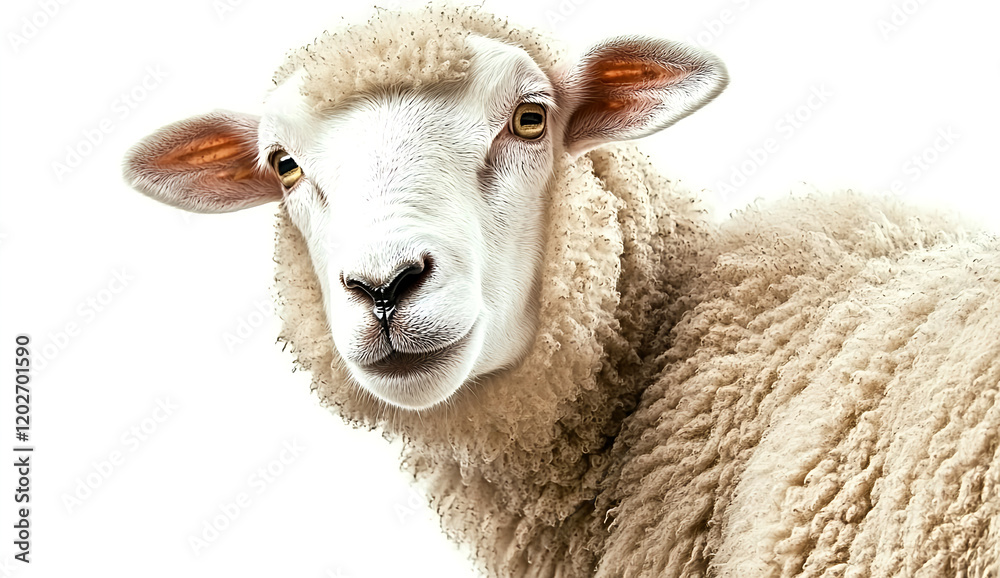 Portrait of an isolated sheep looking at the camera over a white background, close-up, high-resolution photography. Portrait of an isolated sheep looking at the camera over a white background, close-up, high-resolution photography.