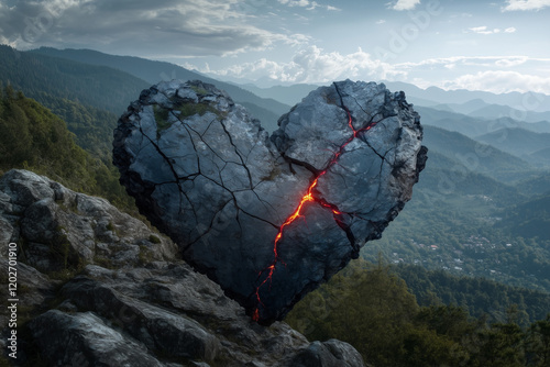 Shattered stone heart with inner fire, symbolizing broken heart or passionate but tormented love.	 photo
