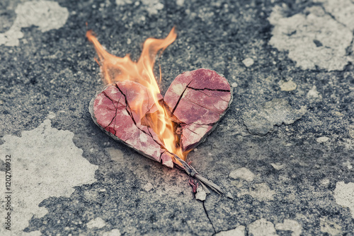 Shattered stone heart with inner fire, symbolizing broken heart or passionate but tormented love.	 photo