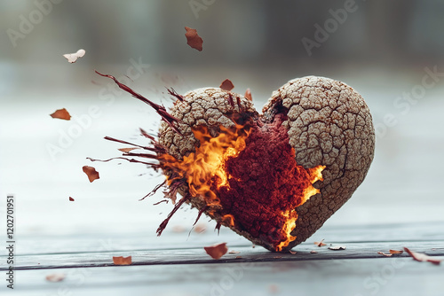 Shattered stone heart with inner fire, symbolizing broken heart or passionate but tormented love.	 photo