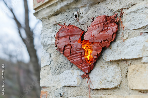 Shattered stone heart with inner fire, symbolizing broken heart or passionate but tormented love.	 photo