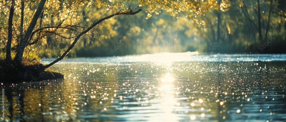 Sunlit river sparkles, framed by lush tree branches, capturing the magic of light dancing on the water's surface in a dreamy, golden glow. Sunlit river sparkles, framed by lush tree branches, capturing the magic of light dancing on the water's surface in a dreamy, golden glow.