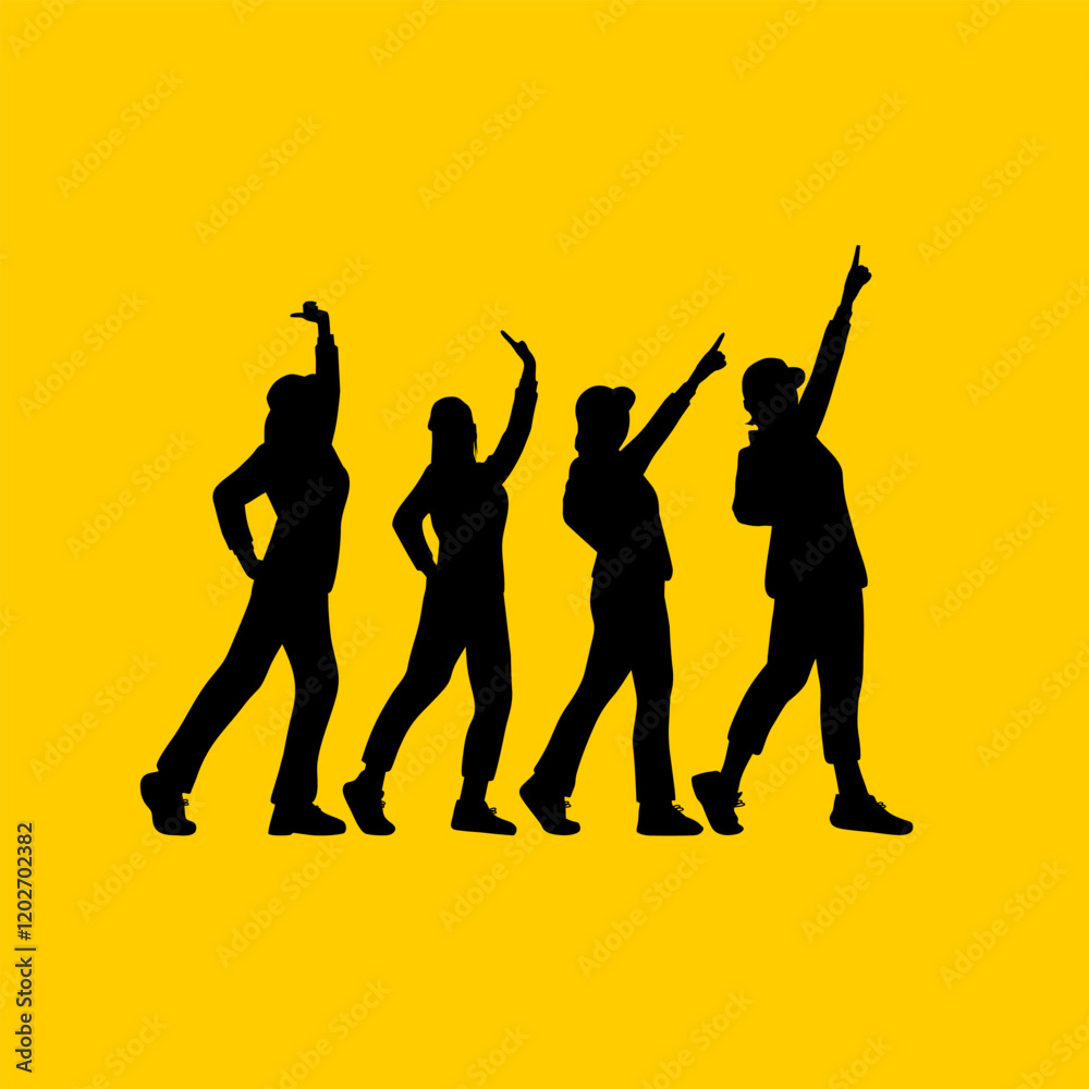 Fototapeta premium silhouette of four women standing in a pose with their hands up vector