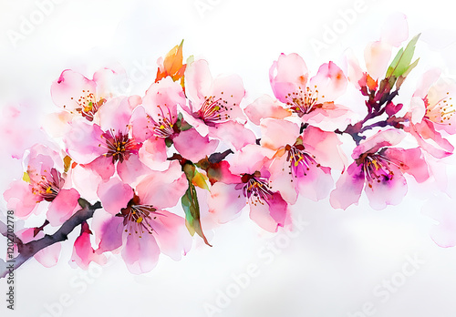 Fototapeta Naklejka Na Ścianę i Meble -  Watercolor painting of peach blossom flowers on a branch, against a white background. The colors are warm, with soft pink and orange tones, and the details are intricate. 
