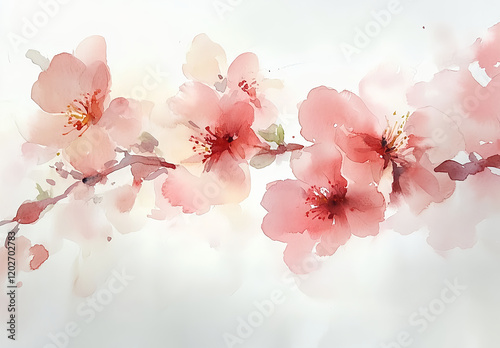 Fototapeta Naklejka Na Ścianę i Meble -  Watercolor painting of peach blossom flowers on a branch, against a white background. The colors are warm, with soft pink and orange tones, and the details are intricate. 
