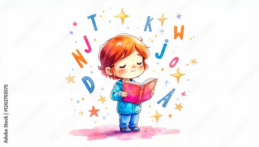 Young boy reading a colorful book with letters and stars around him, symbolizing learning and imagination Young boy reading a colorful book with letters and stars around him, symbolizing learning and imagination