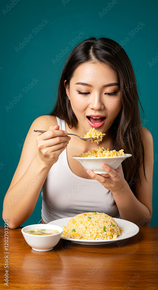 A young beautiful woman with long hair. Lady girl is sitting, with bowl of fried rice. With plain background A young beautiful woman with long hair. Lady girl is sitting, with bowl of fried rice. With plain background
