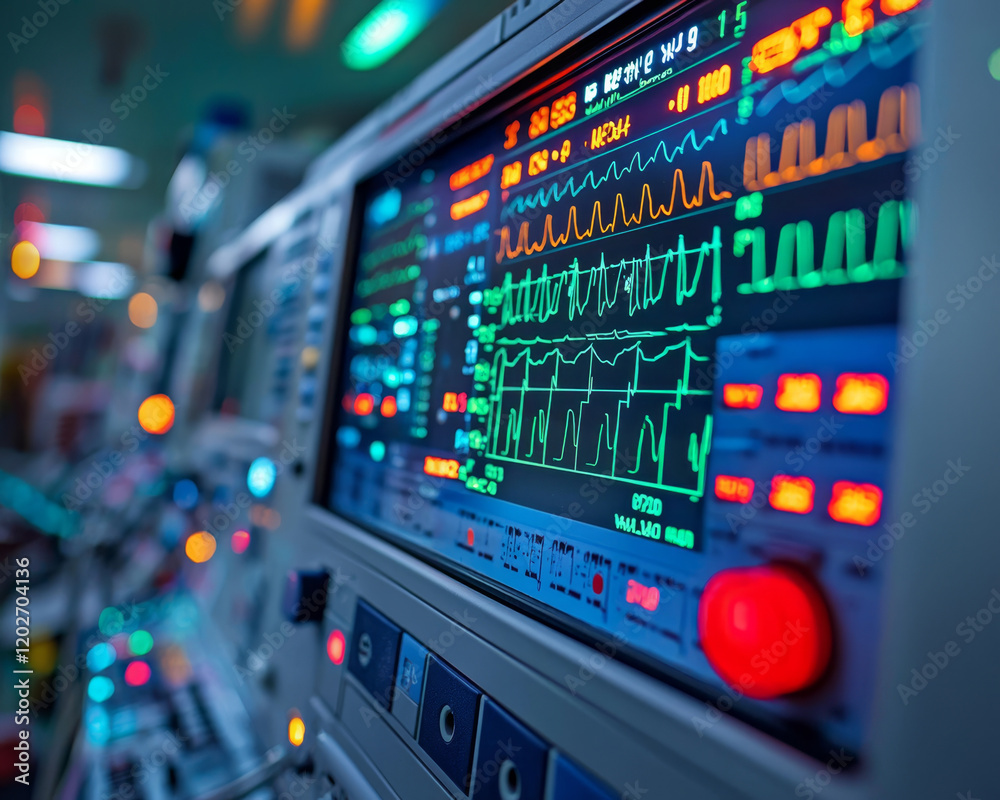 Vital signs monitor displaying waveforms and patient data. Vital signs monitor displaying waveforms and patient data.