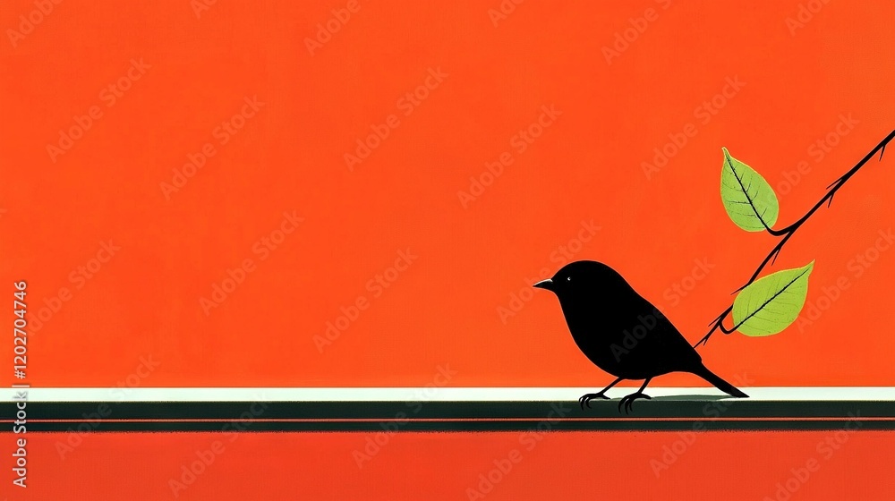 Fototapeta premium A bird perched on a windowsill, alongside a leafy branch