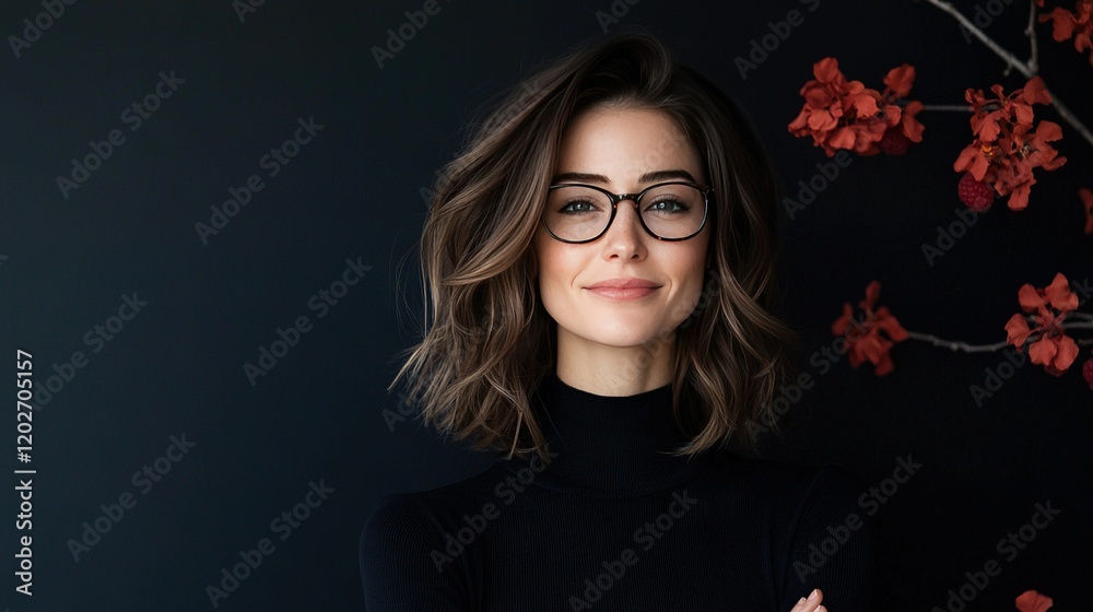 Woman with glasses stands before a red-flowered tree, facing camera with serious expression Woman with glasses stands before a red-flowered tree, facing camera with serious expression