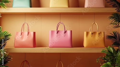 Wallpaper Mural A stylish display of colorful tote bags on shelves, showcasing modern fashion trends and vibrant design aesthetics. Torontodigital.ca