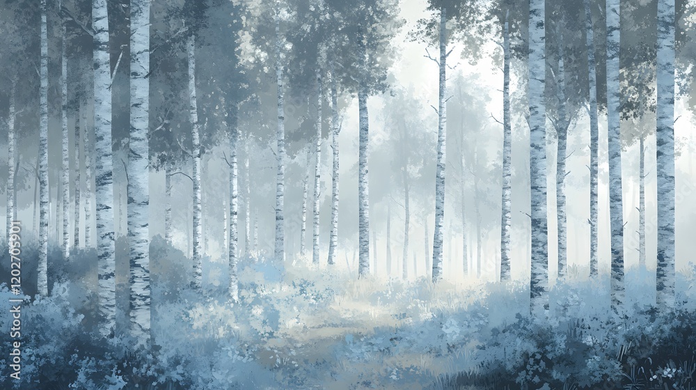 Serene Birch Forest In A Misty Winter Scene Serene Birch Forest In A Misty Winter Scene