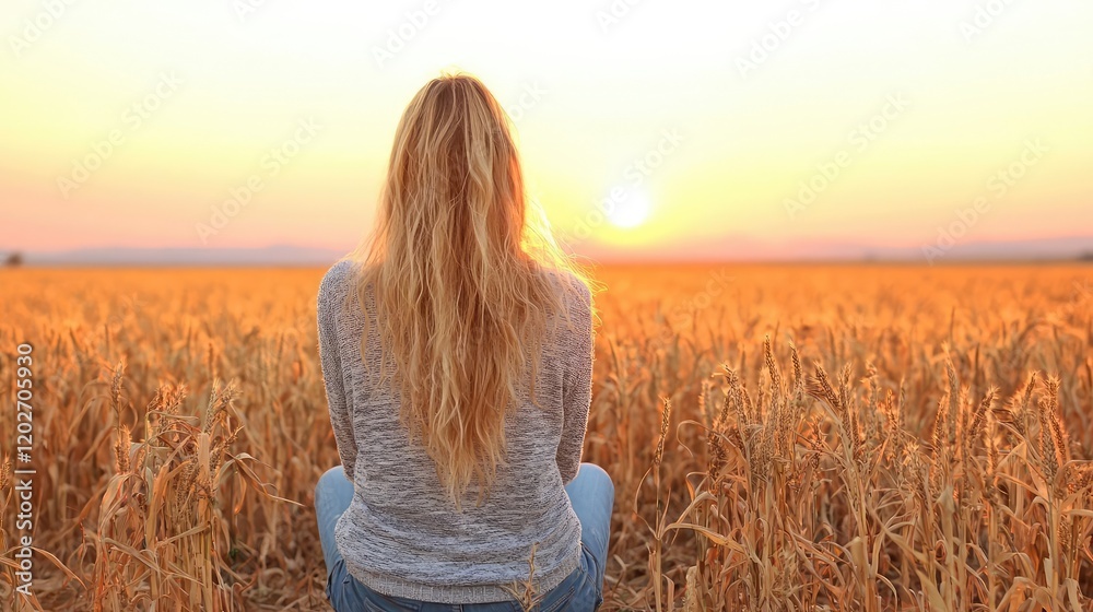 Woman meditating in wheat field at sunset Woman meditating in wheat field at sunset