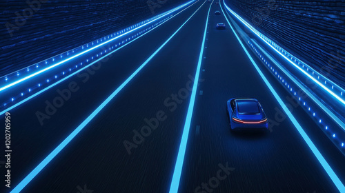 Futuristic High-Tech Expressway at Night with Illuminated Paths and Glowing Cars