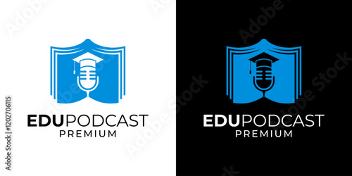 Podcast education logo design vector template. Podcast logo icon symbol with book, microphone, graduation hat illustration vector graphic. Microphone voice academy logo design.