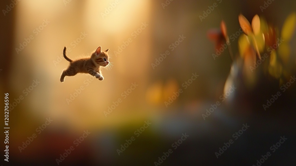 Fototapeta premium A cat leaping high, paws raised, amidst blurred flowery scenery