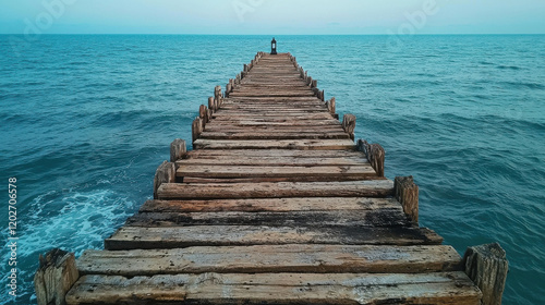 Long Wooden Pier Stretching Out Into the Calm Ocean at Dusk with Tranquil Waves Surrounding photo