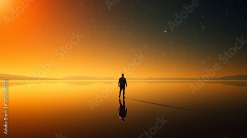 Silhouetted male figure standing in serene waters under a starry sky at sunset.