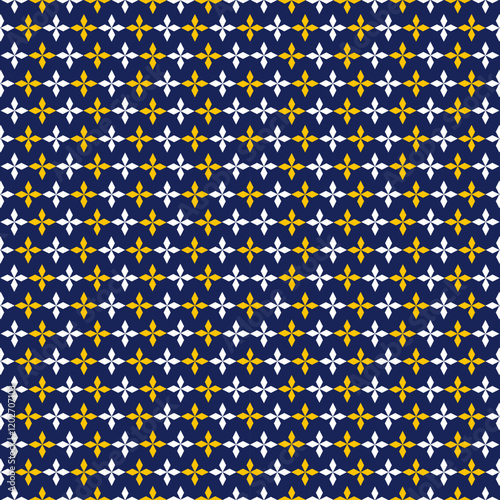 Elegant four-petal flower pattern in a striking navy blue background with alternating white and golden yellow blooms. This timeless geometric design perfects for fabric , wall paper and digital media.