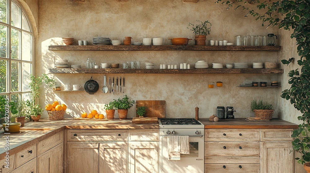 Cozy kitchen with wooden shelves, plants, and natural light. Ideal for cooking and gathering. Cozy kitchen with wooden shelves, plants, and natural light. Ideal for cooking and gathering.
