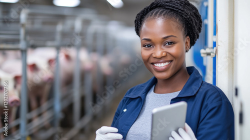 African farmer woman holding tablet with some pigs in modern industrial piggery photo