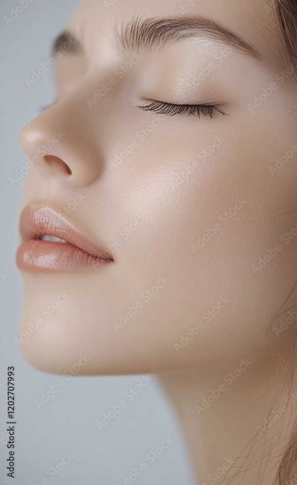 A close-up portrait of an attractive woman with her eyes closed, skin care cosmetic advertising A close-up portrait of an attractive woman with her eyes closed, skin care cosmetic advertising