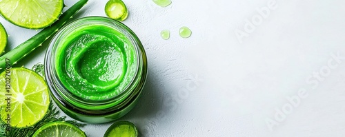 Fresh green smoothie with lime and aloe vera on a light surface.