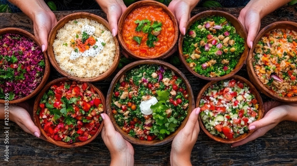 Fototapeta premium Diverse healthy salads shared, overhead view, rustic table, healthy eating