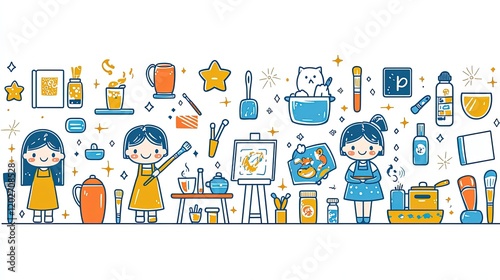 A colorful illustration of girls engaging in various creative activities and hobbies.