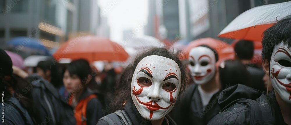 Fototapeta premium Masked individuals gathered under umbrellas in an urban setting create a striking contrast between anonymity and urban lifestyle amidst a rainy backdrop.