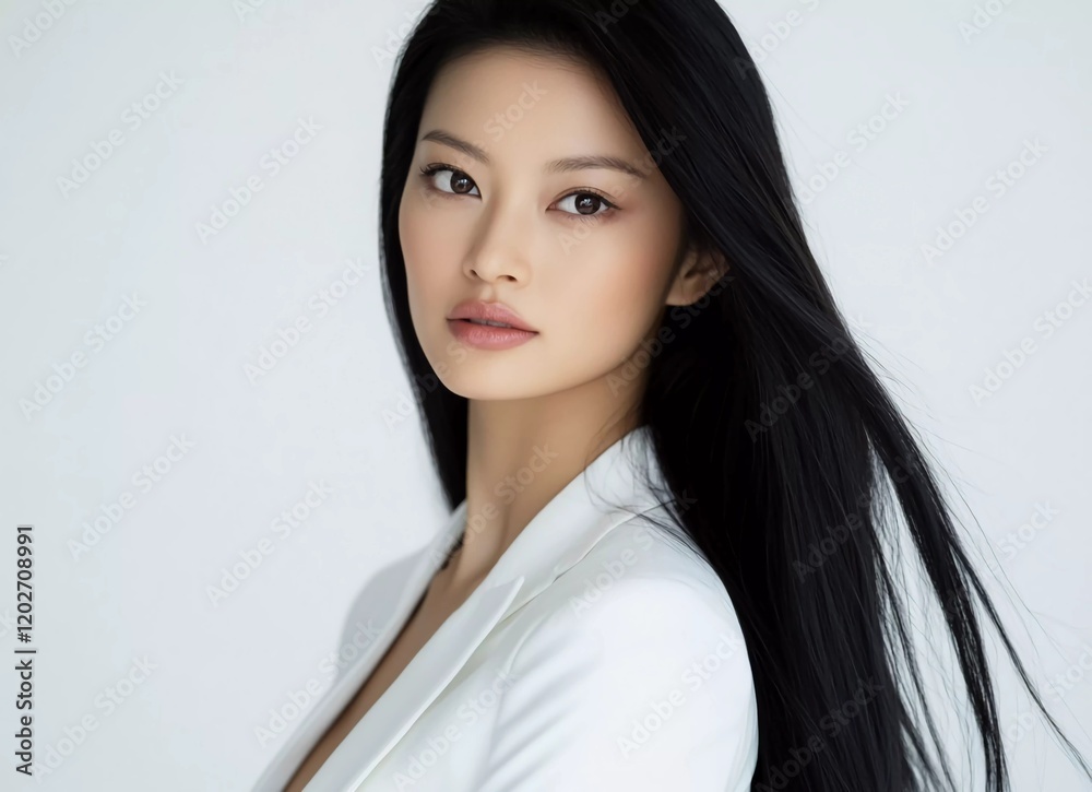 Portrait of a beautiful Asian woman with long black hair, wearing a white suit and looking at the camera against a white background. Portrait of a beautiful Asian woman with long black hair, wearing a white suit and looking at the camera against a white background.