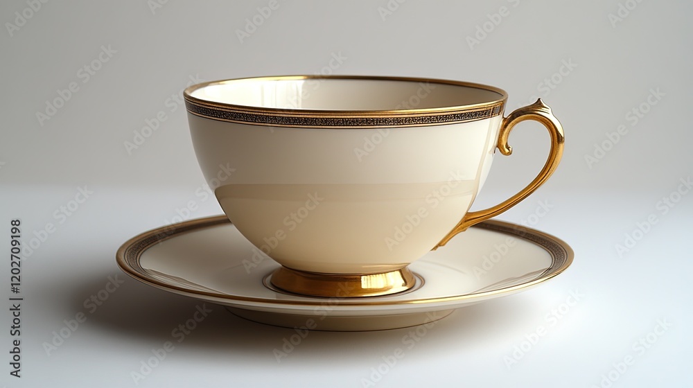 A decorative cup and saucer with a gold trim, ideal for serving tea or coffee. A decorative cup and saucer with a gold trim, ideal for serving tea or coffee.
