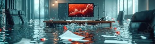 Office flooded with water, creating a chaotic workspace environment.
