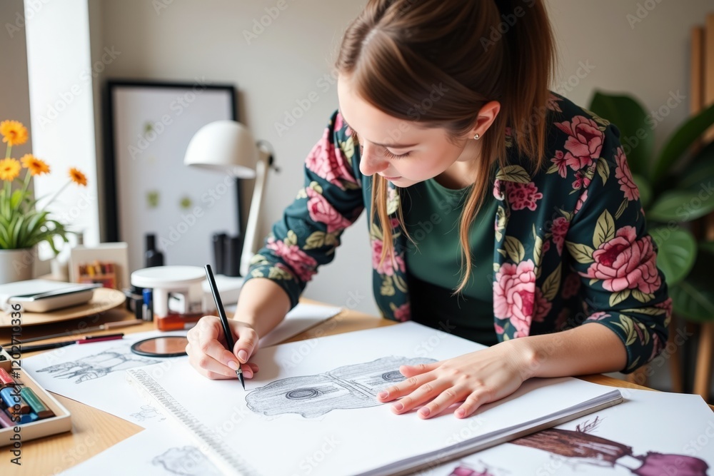 Artistic Woman Sketching with Pencil on Paper in a Bright, Cozy Workspace Surrounded by Plants and Creative Tools