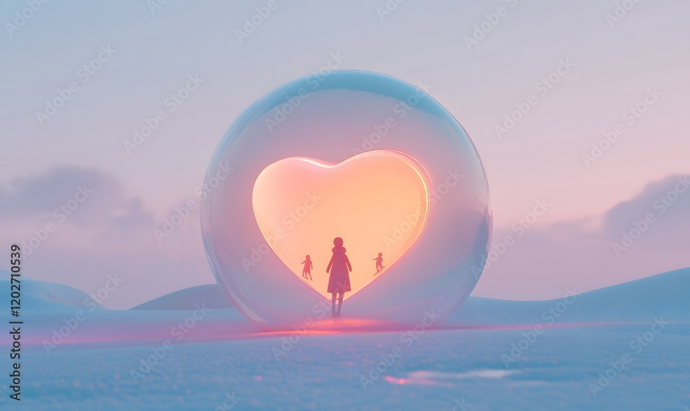 Fototapeta premium Girl silhouette inside heart-shaped sphere on snowy landscape at sunset.