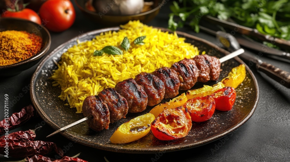 Traditional Iranian kebab with saffron rice and grilled vegetables. Featuring a savory and aromatic dish. Highlighting the texture and flavors of the kebab. Ideal for food and cultural themes. Traditional Iranian kebab with saffron rice and grilled vegetables. Featuring a savory and aromatic dish. Highlighting the texture and flavors of the kebab. Ideal for food and cultural themes.