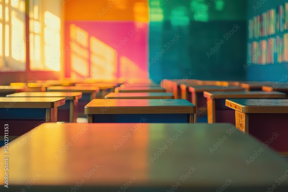Obraz premium Empty classroom desks in colorful room. Image depicts education, learning, and back to school.