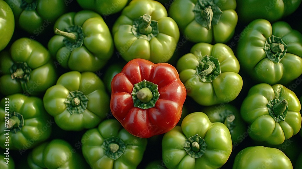 A cluster of green and red peppers surrounding a central red pepper A cluster of green and red peppers surrounding a central red pepper